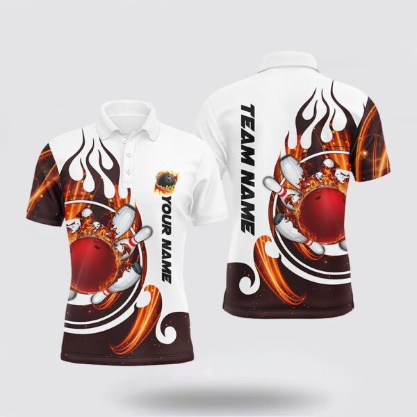 Bowling Polo Shirt, White Bowling Polo Shirt For Men Custom Flame Bowling Ball Pins Jerseys