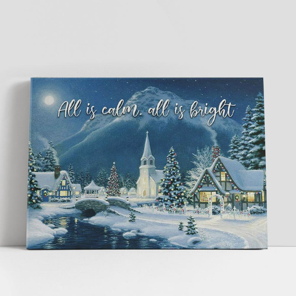Christian Canvas Wall Art, All Is Calm All Is Bright, Country Church Starry Night, Christmas Canvas Wall Art