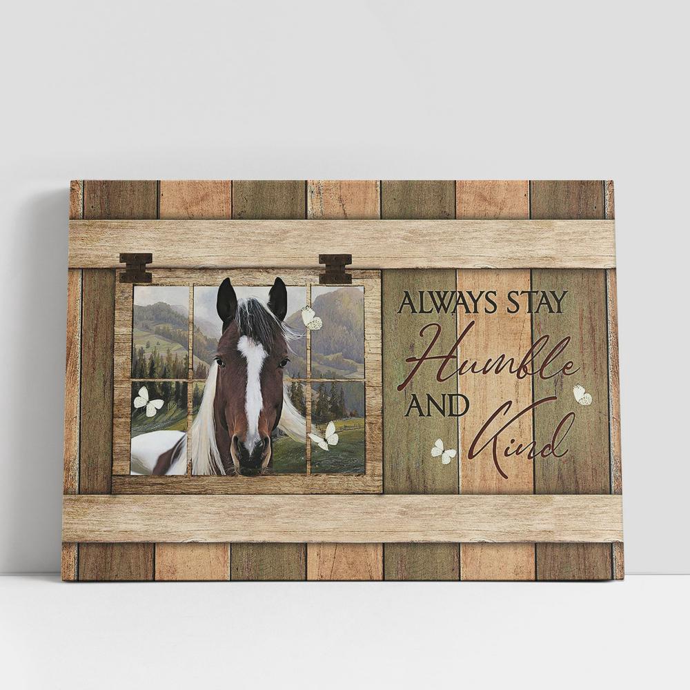 Christian Canvas Wall Art, Always Stay Humble And Kind White And Brown Horse Butterfly Canvas Prints, Religious Canvas Art