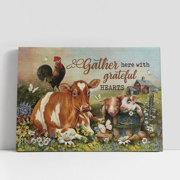 Christian Canvas Wall Art, Animals Farm Gather Here With Grateful Hearts Canvas Wall Art, Bible Verse Canvas