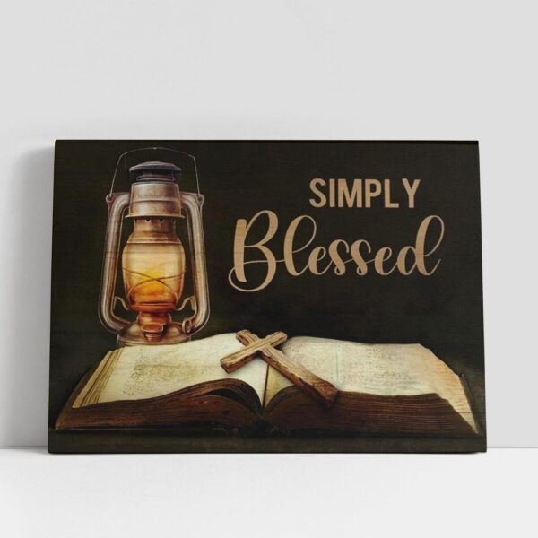 Christian Canvas Wall Art, Antique Lantern, Vintage Bible, Cross Drawing, Simply Blessed Canvas Poster