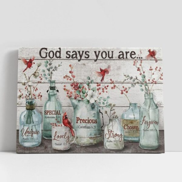 Christian Canvas Wall Art, Baby Flower, Cardinal Painting, Crystal Vase, God Says You Are Canvas Poster