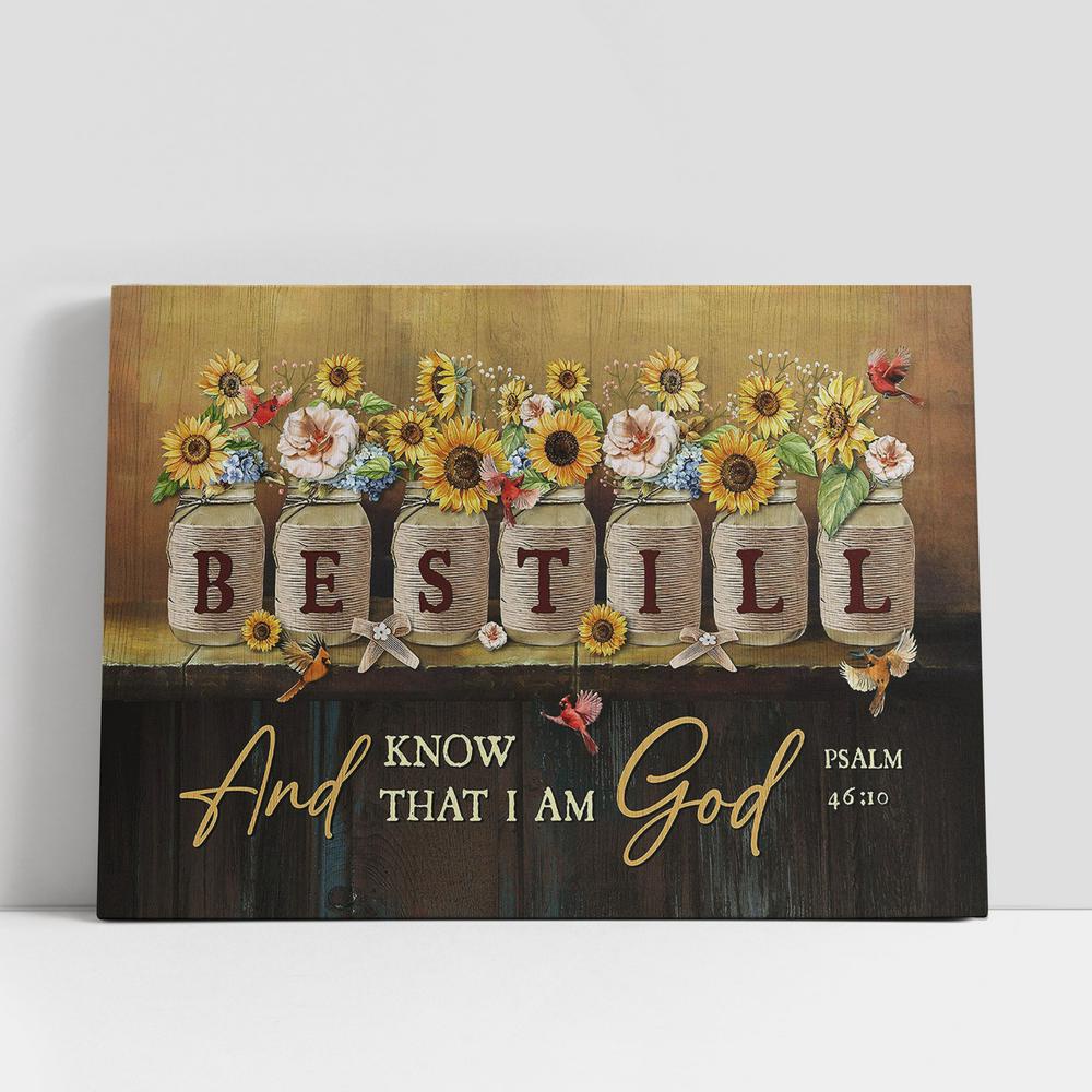 Christian Canvas Wall Art, Be Still And Know That I Am God Sunflower Jars Red Cardinal Canvas Wall Art, Bible Verse Canvas