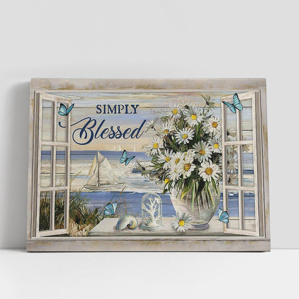 Christian Canvas Wall Art, Beach Daisy Vase Simply Blessed Canvas Wall Art, Bible Verse Canvas