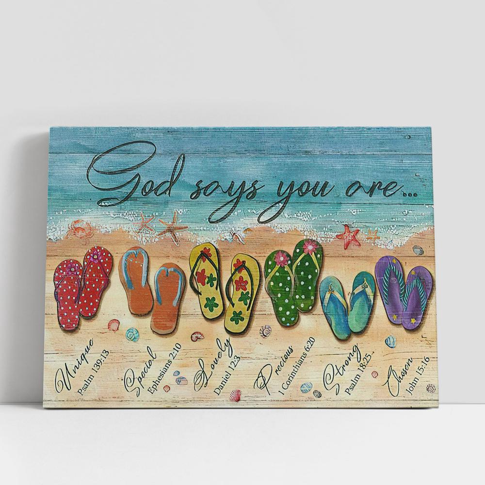Christian Canvas Wall Art, Beach Sandals God Says You Are Canvas Wall Art, Bible Verse Canvas