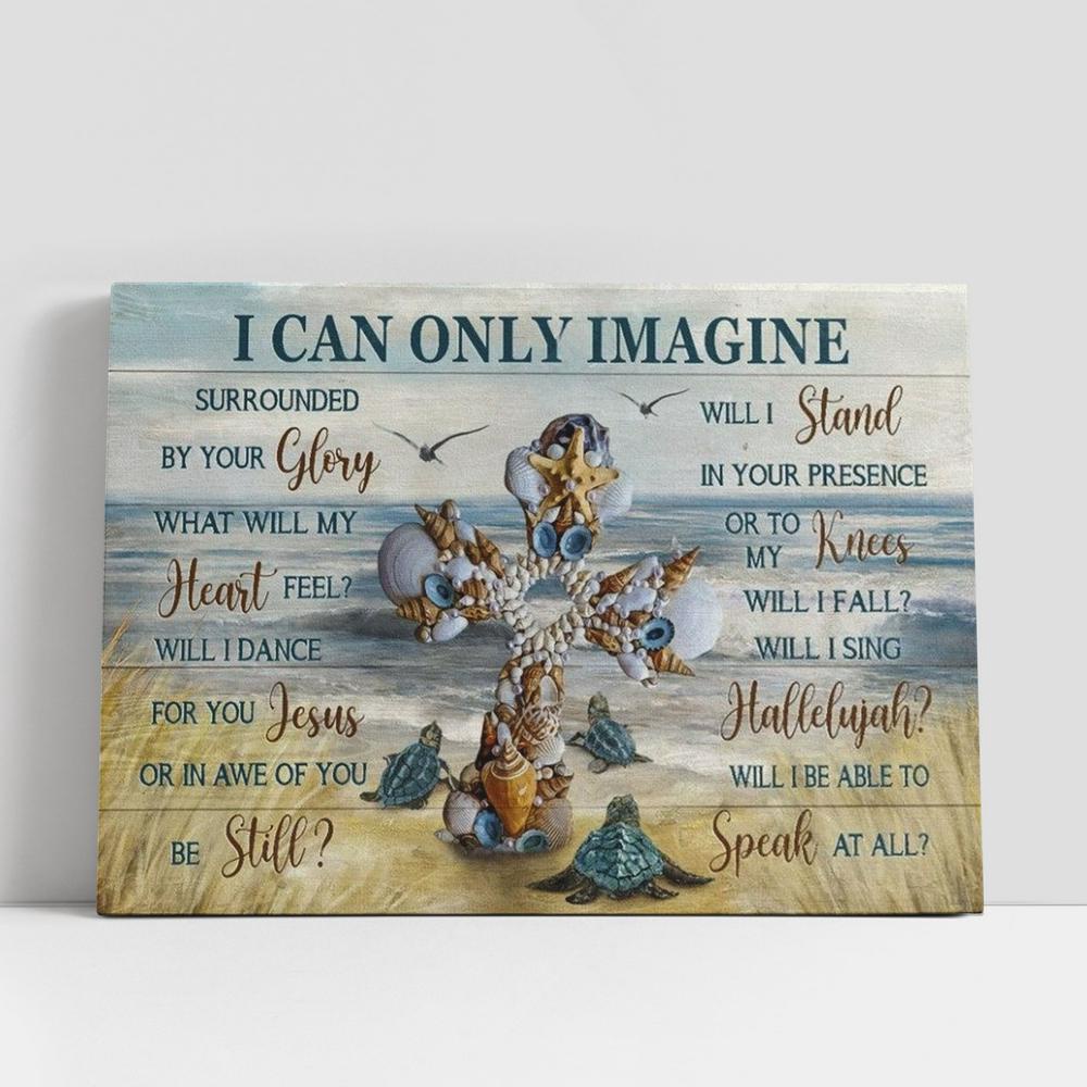 Christian Canvas Wall Art, Beautiful Cross, Sea Turtle, Seagull, Beach Painting, I Can Only Imagine Canvas Poster