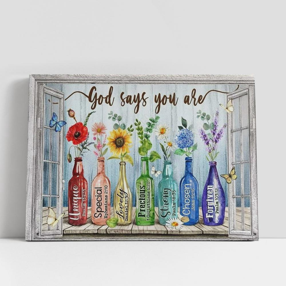 Christian Canvas Wall Art, Beautiful Flowers, Rainbow Color, Colored Glass Bottles, God Says You Are Canvas Poster