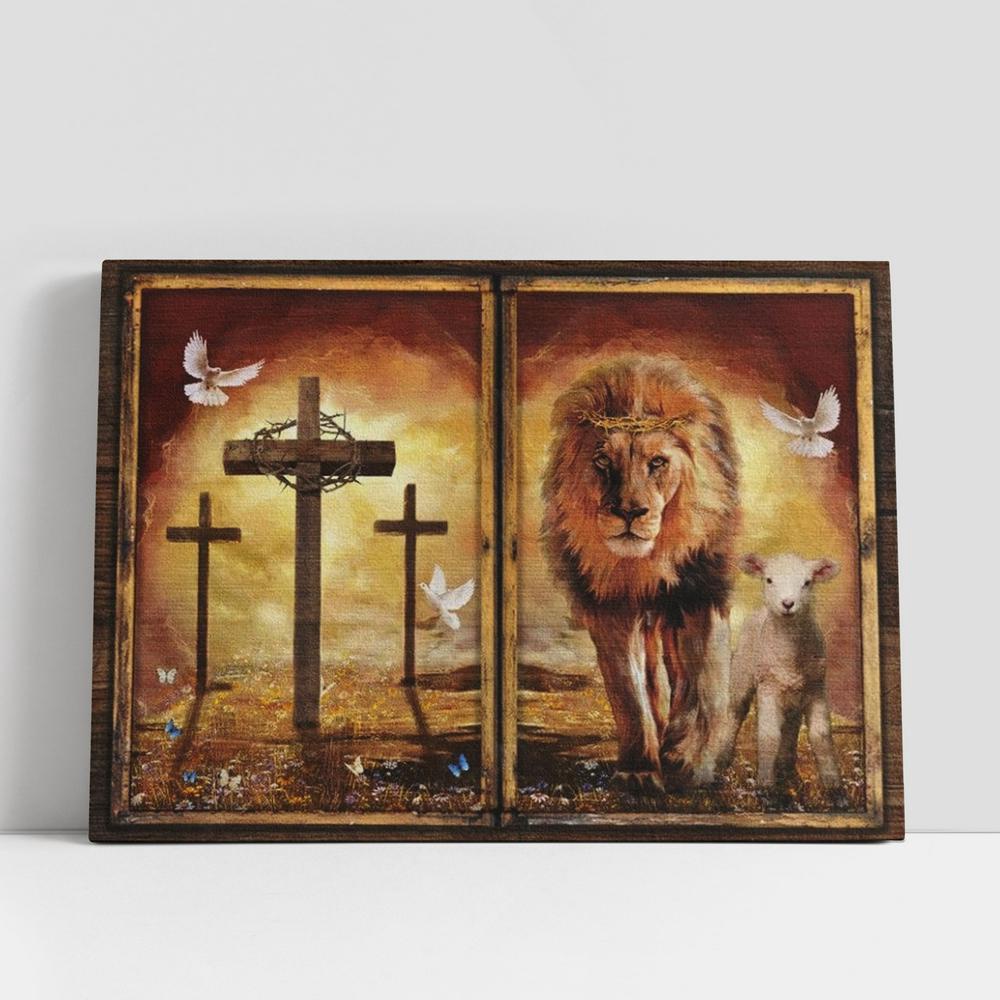 Christian Canvas Wall Art, Beautiful Lion And Lamb Orange Sunset Cross Canvas Poster
