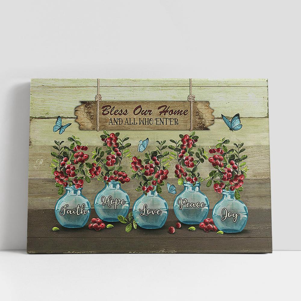 Christian Canvas Wall Art, Bless Our Home Blue Vase Blue Butterfly Cranberry Canvas Wall Art, Bible Verse Canvas Christian Canvas Wall Art, Bless Our Home Blue Vase Blue Butterfly Cranberry Canvas Wall Art, Bible Verse Canvas