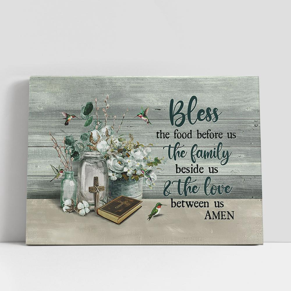 Christian Canvas Wall Art, Bless The Food Before Us White Flower Hummingbird Canvas Prints, Religious Canvas Art