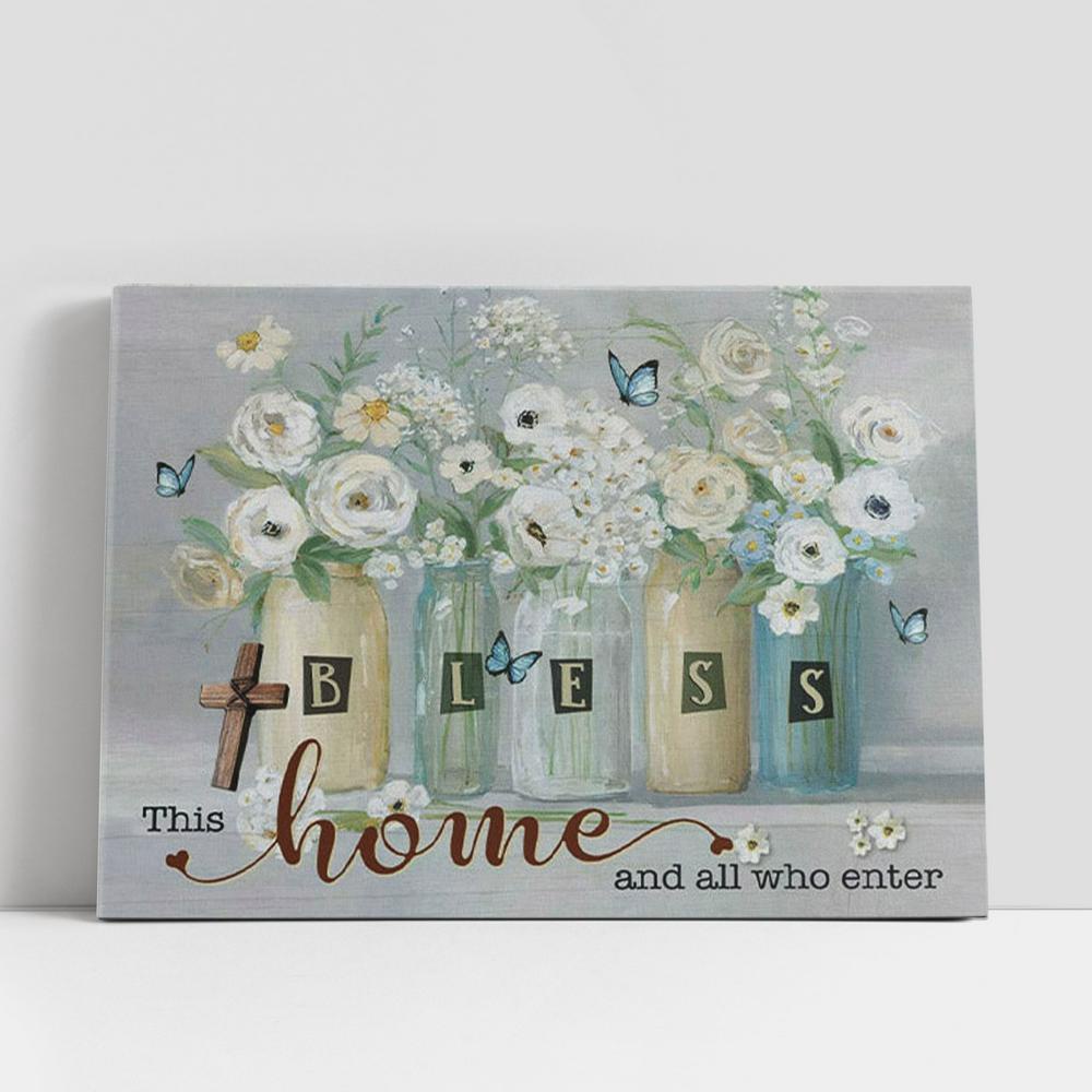 Christian Canvas Wall Art, Bless This Home And All Who Enter Canvas Wall Art, Butterfly Flower