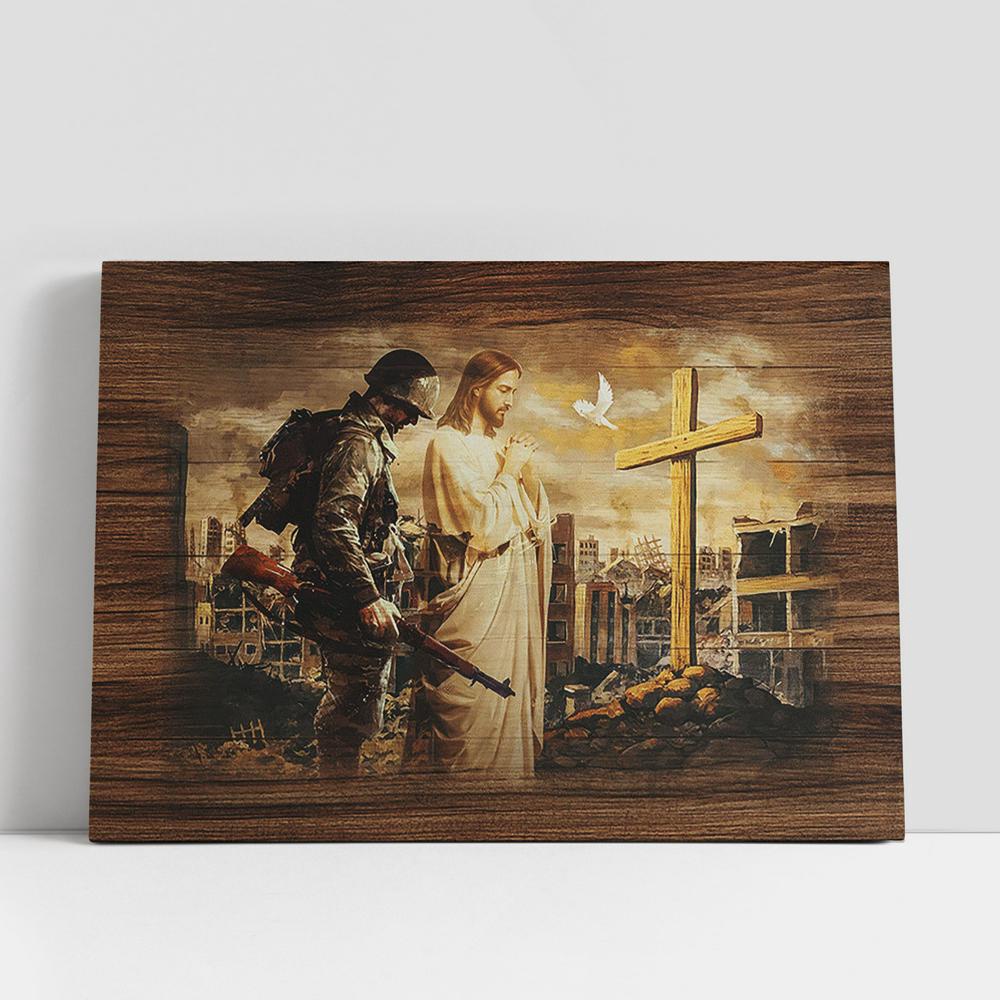 Christian Canvas Wall Art, Brave Soldier Jesus Praying City In War Wooden Cross Canvas Wall Art Christian Canvas Wall Art, Brave Soldier Jesus Praying City In War Wooden Cross Canvas Wall Art