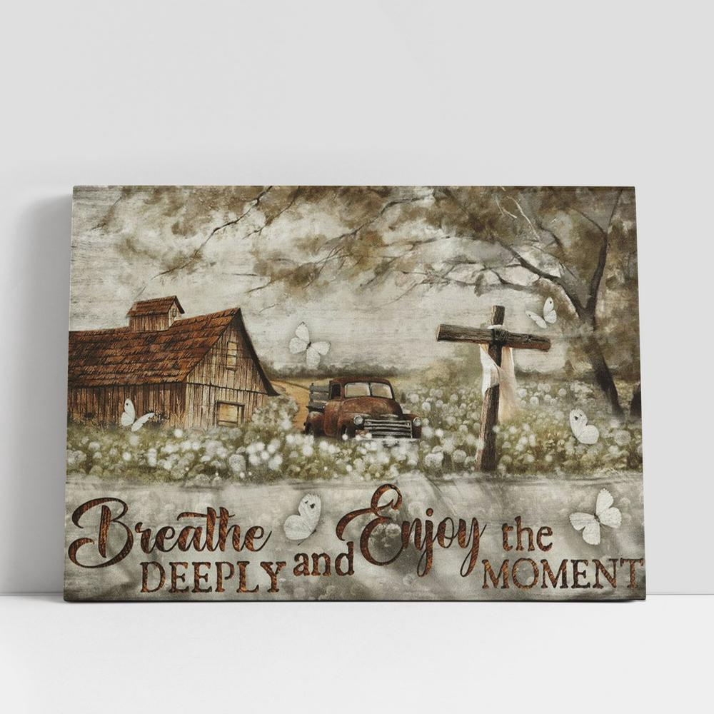 Christian Canvas Wall Art, Breathe Deeply And Enjoy The Moment Countryside Cross Old Car Canvas Poster Christian Canvas Wall Art, Breathe Deeply And Enjoy The Moment Countryside Cross Old Car Canvas Poster