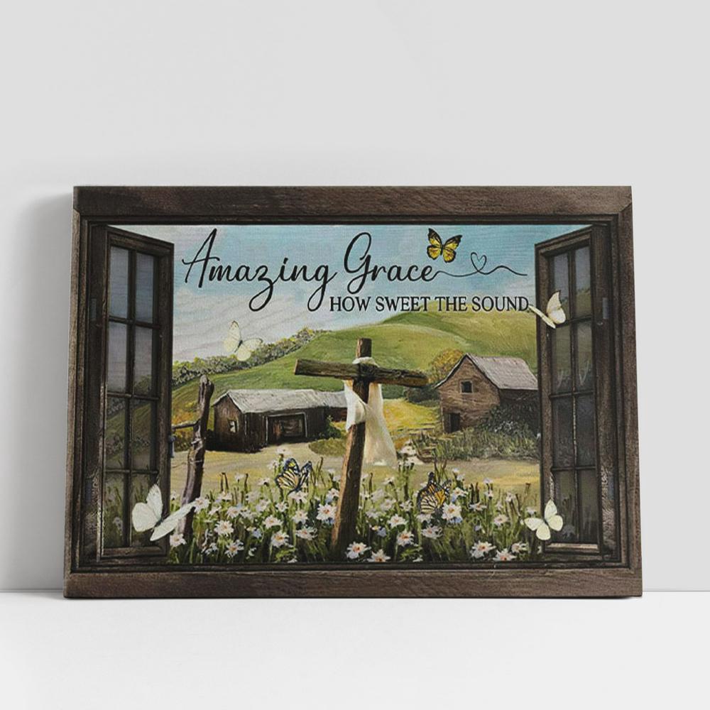 Christian Canvas Wall Art, Christian Gifts Wall Art Amazing Grace How Sweet The Sound Rustic Farmhouse Canvas Print