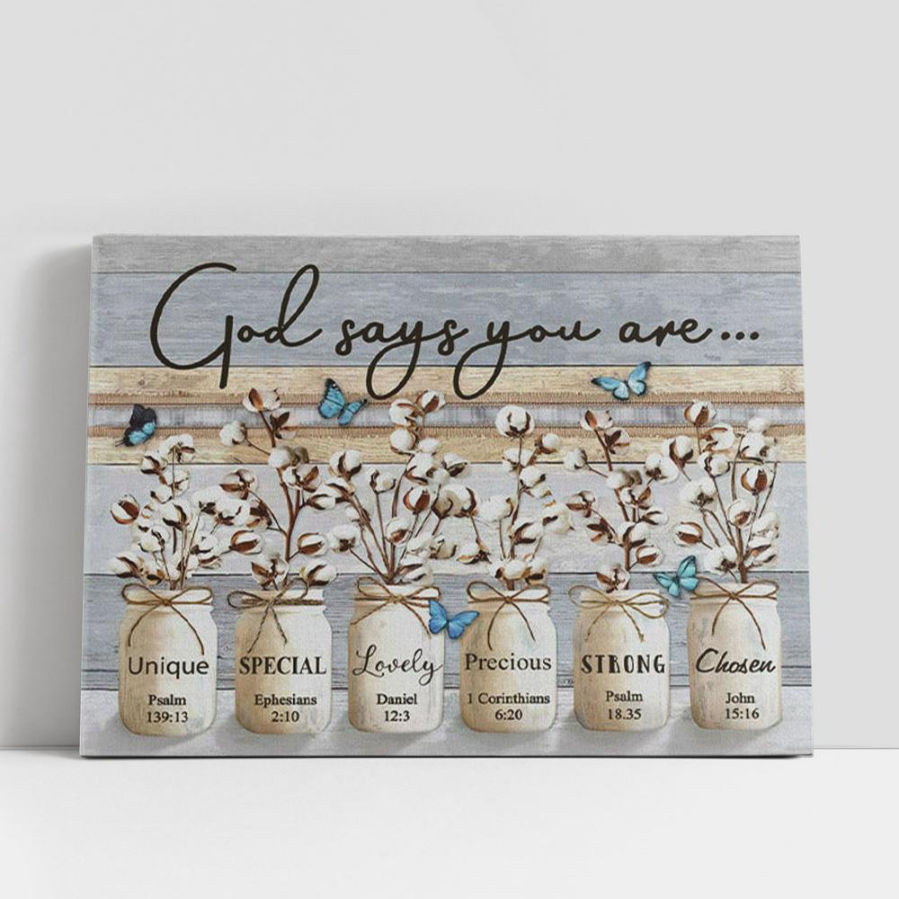 Christian Canvas Wall Art, Christian Gifts Wall Art God Says You Are, Cotton Flowers Butterflies Canvas Print Christian Canvas Wall Art, Christian Gifts Wall Art God Says You Are, Cotton Flowers Butterflies Canvas Print
