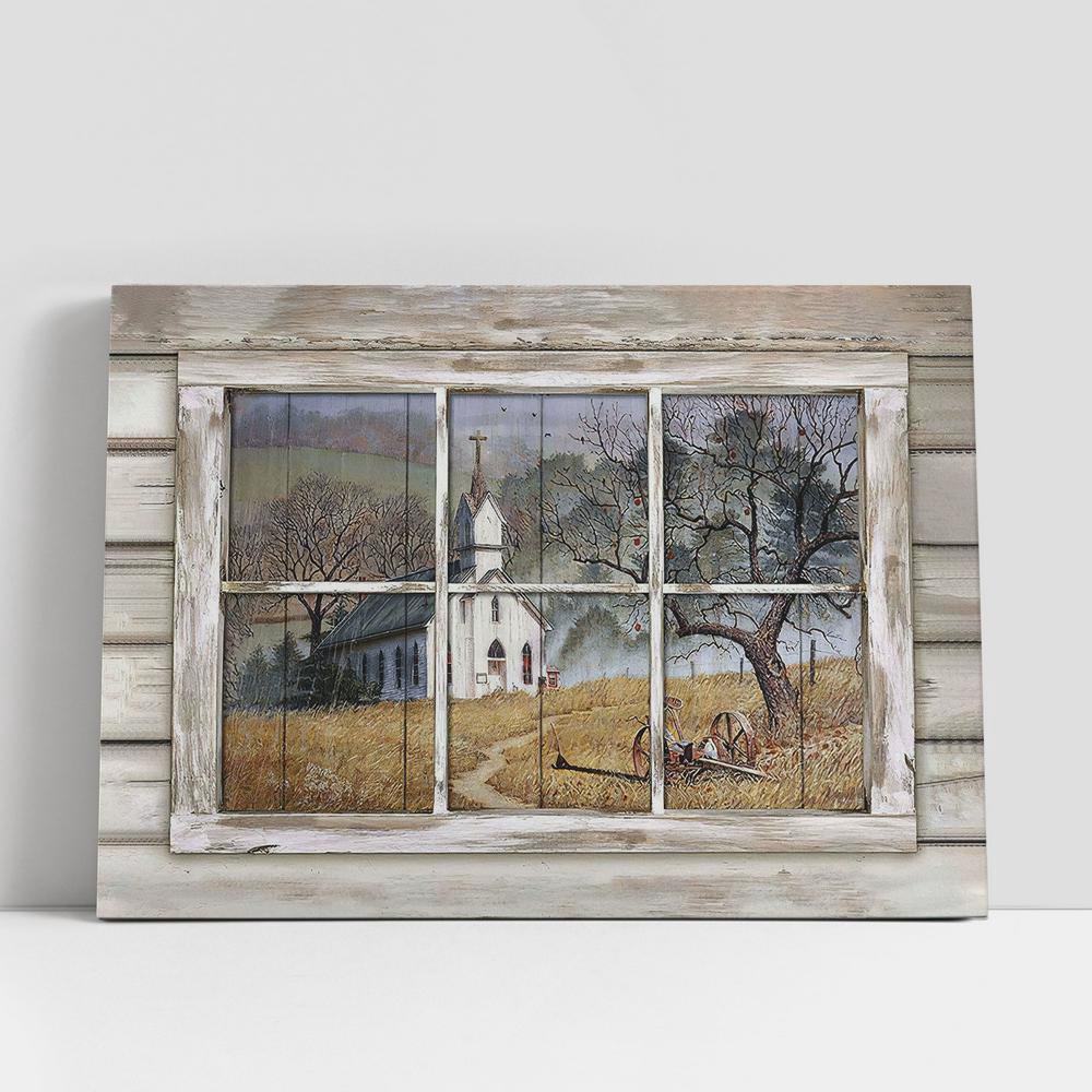 Christian Canvas Wall Art, Church Country Church Through Rustic Window Yellow Meadow Canvas Wall Art Christian Canvas Wall Art, Church Country Church Through Rustic Window Yellow Meadow Canvas Wall Art