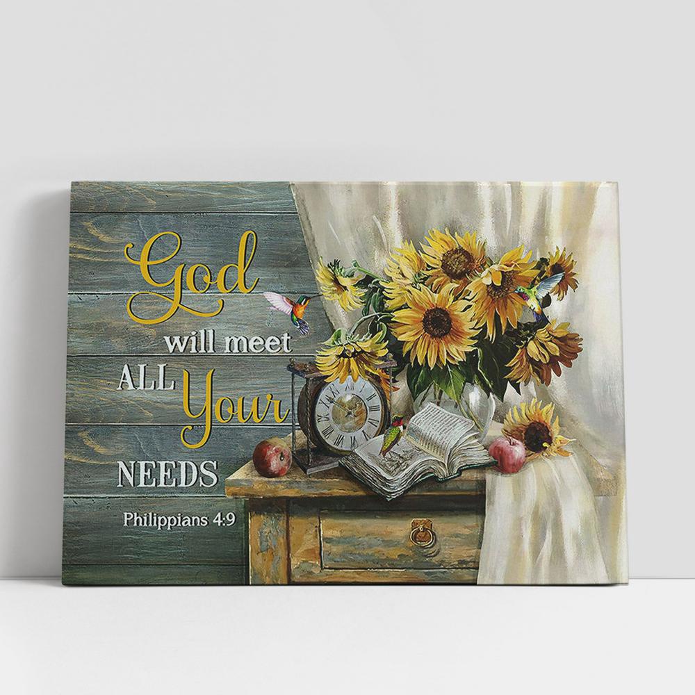 Christian Canvas Wall Art, Clock Sunflower Vase God Will Meet All Your Needs Canvas Wall Art Christian Canvas Wall Art, Clock Sunflower Vase God Will Meet All Your Needs Canvas Wall Art