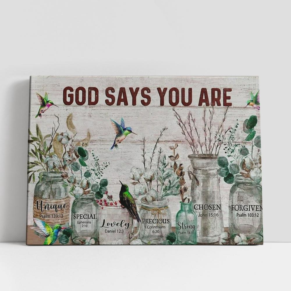 Christian Canvas Wall Art, Cotton Flower, Vintage Garden, Hummingbird, God Says You Are Unique Canvas Poster Christian Canvas Wall Art, Cotton Flower, Vintage Garden, Hummingbird, God Says You Are Unique Canvas Poster