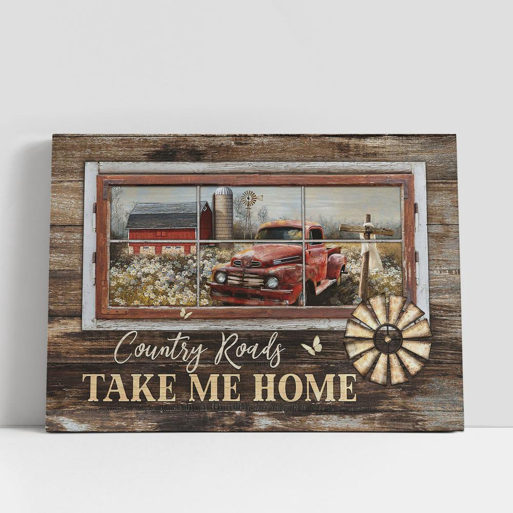 Christian Canvas Wall Art, Country Roads Take Me Home Old Red Truck Wooden Cross Large Canvas, Christian Gifts Wall Art Art Christian Canvas Wall Art, Country Roads Take Me Home Old Red Truck Wooden Cross Large Canvas, Christian Gifts Wall Art Art