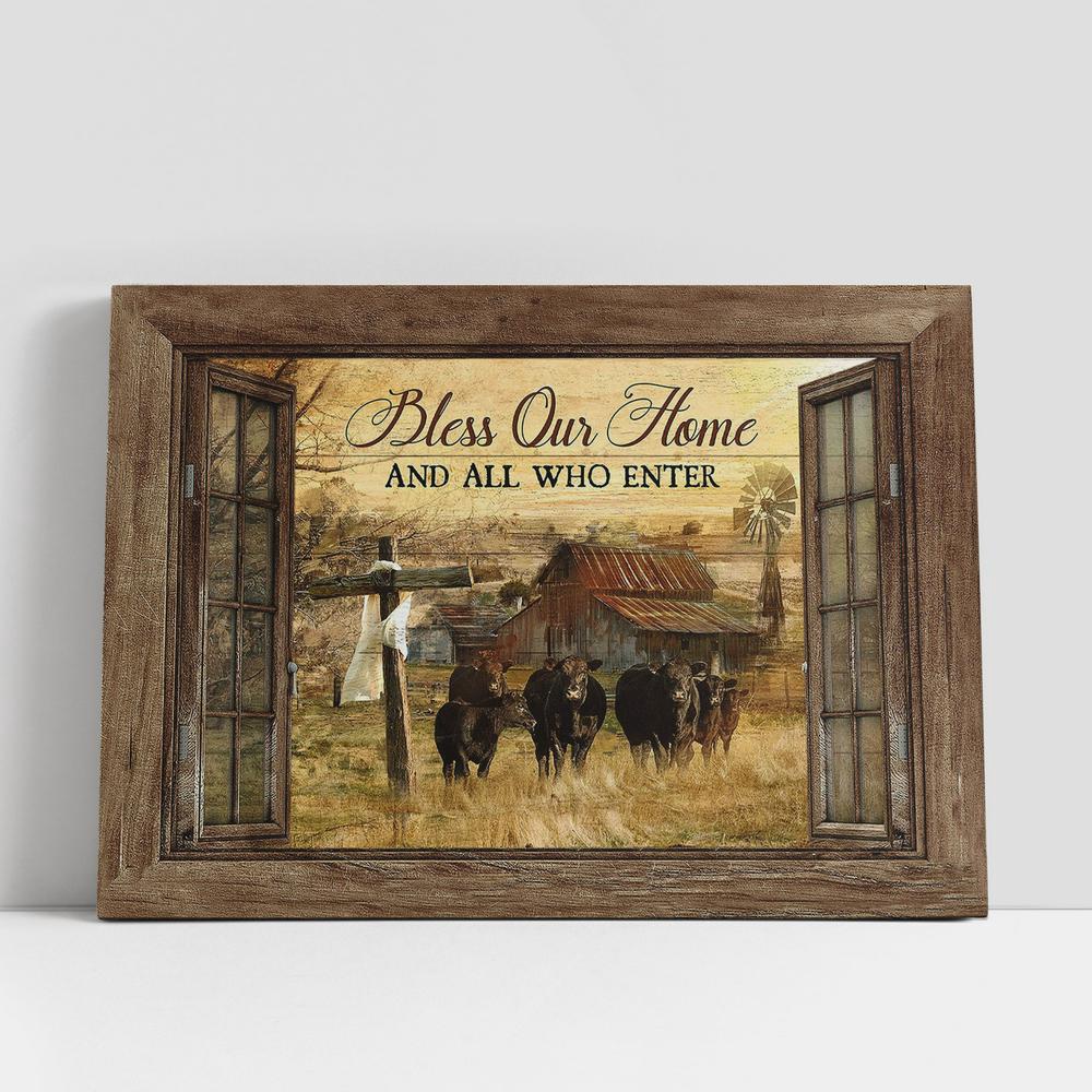 Christian Canvas Wall Art, Cow Tranquil Farm Wooden Cross Bless On Home Who Are Enter Canvas Wall Art Christian Canvas Wall Art, Cow Tranquil Farm Wooden Cross Bless On Home Who Are Enter Canvas Wall Art