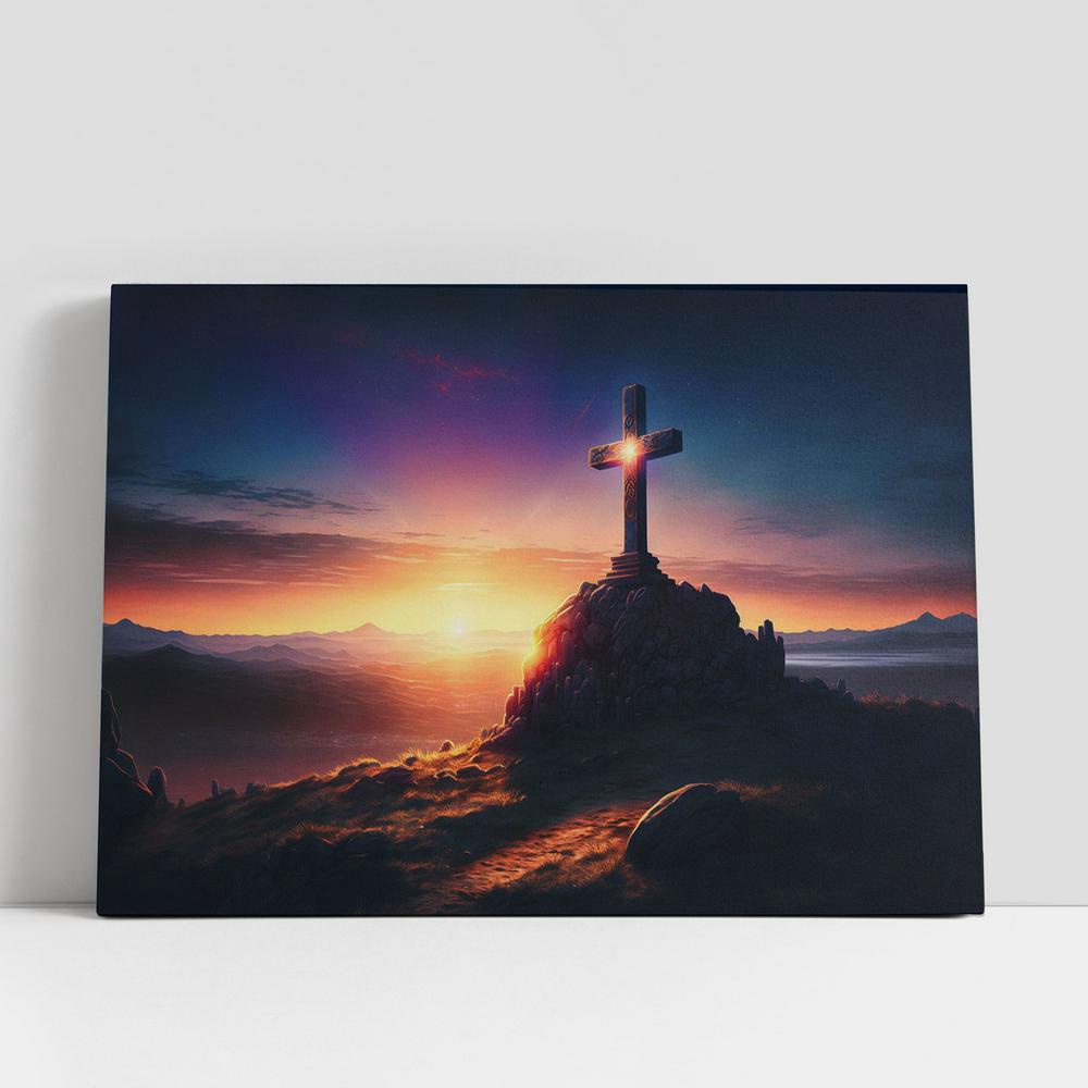 Christian Canvas Wall Art, Cross Calvary Hill Golgotha Mountain Sunrise Canvas Pictures, Faith Art Decor