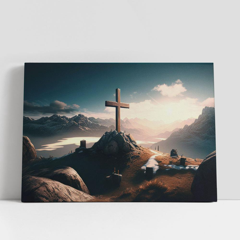 Christian Canvas Wall Art, Cross Hill With Mountains Canvas Pictures, Faith Art Decor Christian Canvas Wall Art, Cross Hill With Mountains Canvas Pictures, Faith Art Decor