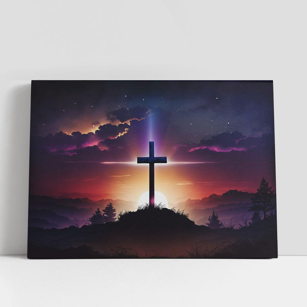Christian Canvas Wall Art, Cross Hill With Sun Canvas Pictures, Faith Art Decor