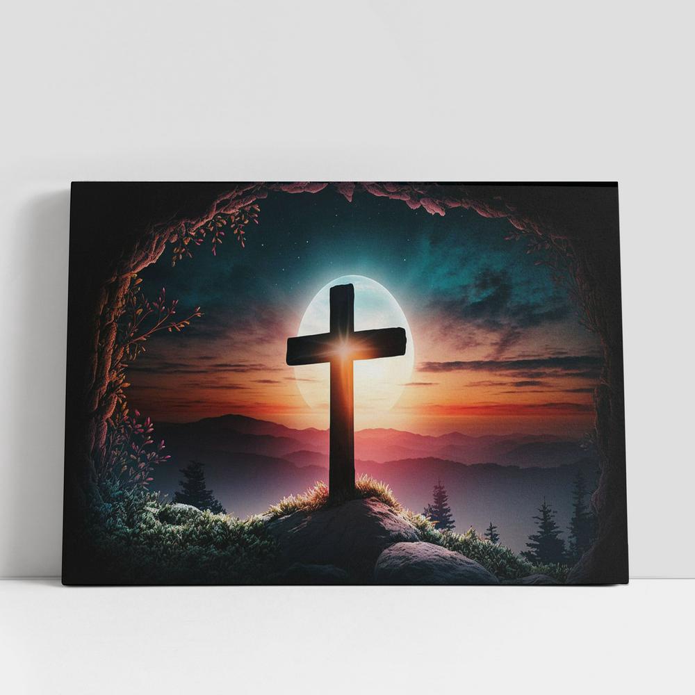 Christian Canvas Wall Art, Cross Hill With Sun It Canvas Pictures, Faith Art Decor Christian Canvas Wall Art, Cross Hill With Sun It Canvas Pictures, Faith Art Decor