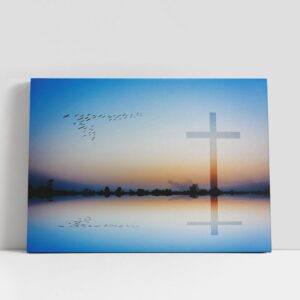 Christian Canvas Wall Art, Cross Mountain Lake…