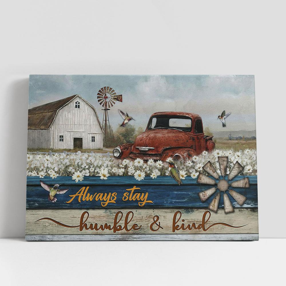 Christian Canvas Wall Art, Daisy Field Old Ladybug Car Always Stay Humble And Kind Canvas Wall Art