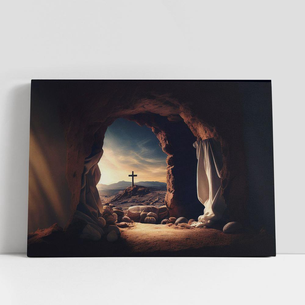 Christian Canvas Wall Art, Empty Tomb Cross With White Mantle Canvas Pictures, Faith Art Decor