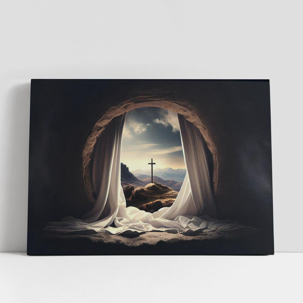 Christian Canvas Wall Art, Empty Tomb Crucifixion Sunrise With White Robe Canvas Pictures, Faith Art Decor