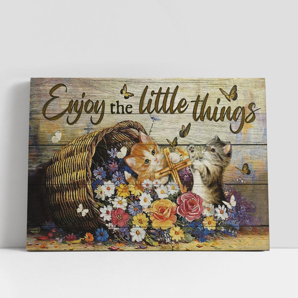 Christian Canvas Wall Art, Enjoy The Little Things Flower Cat Cross Large Canvas Art