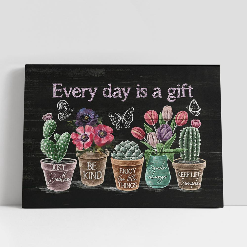 Christian Canvas Wall Art, Every Day Is A Gift Flower Rustic Cactus Tulip Flower Butterfly Large Canvas Art