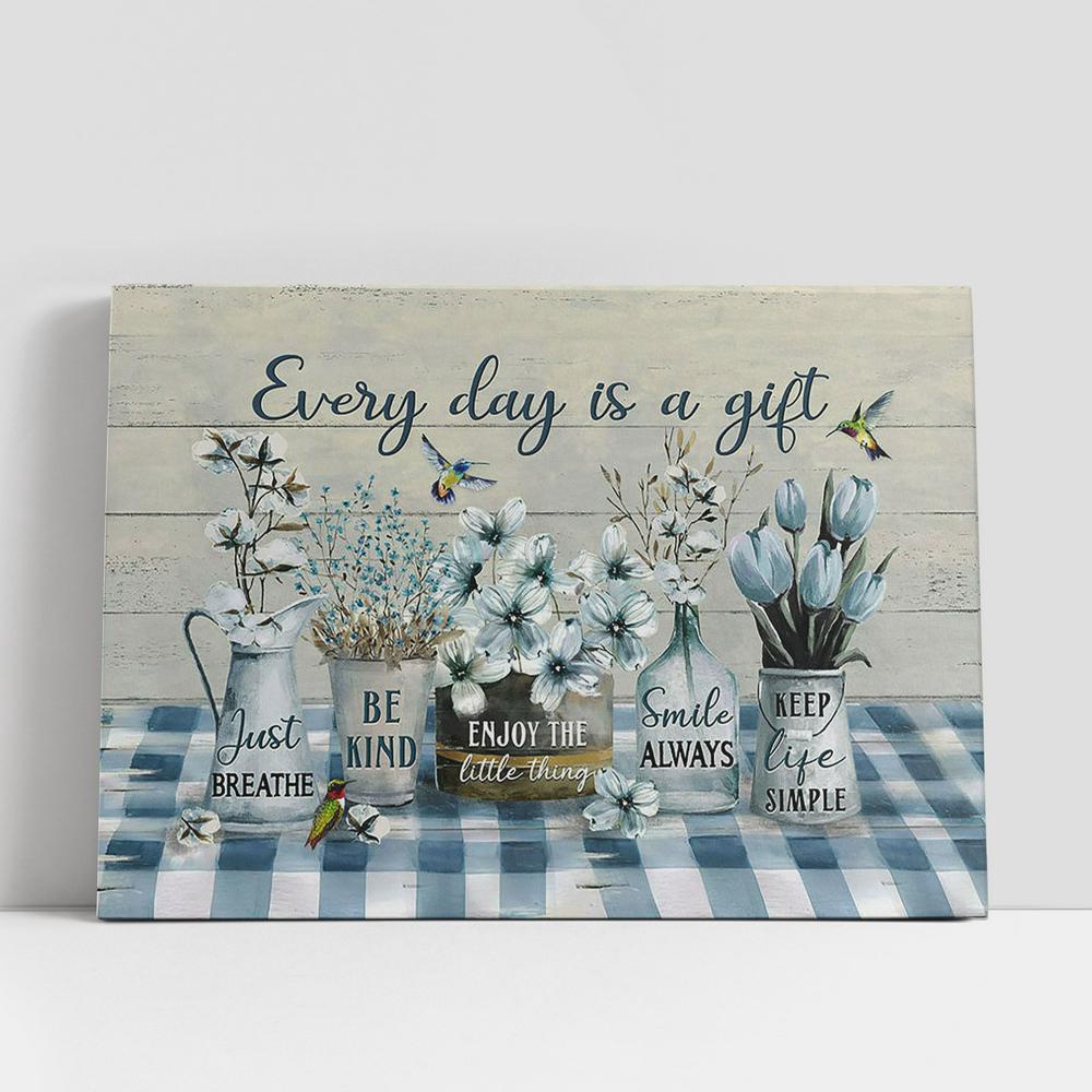 Christian Canvas Wall Art, Every Day Is A Gift White Cotton Flower Blue Tulip Hummingbird Canvas Prints, Religious Canvas Art