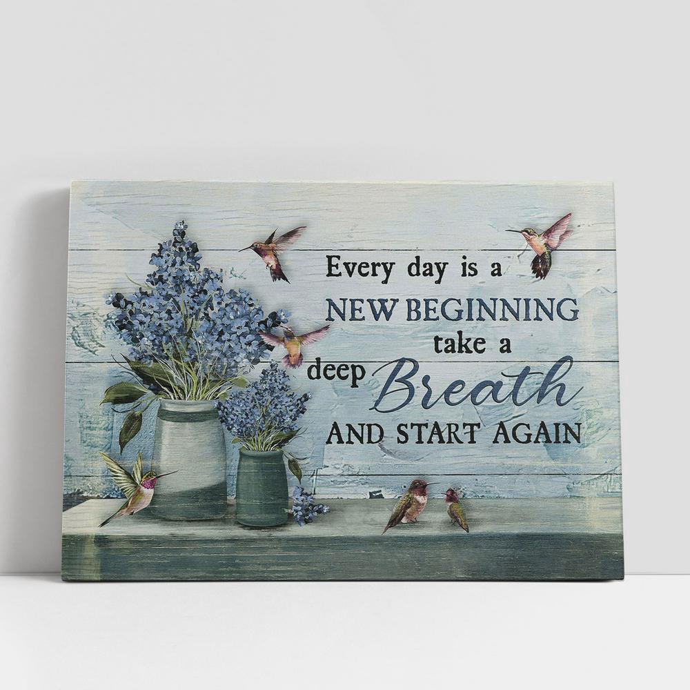 Christian Canvas Wall Art, Every Day Is A New Beginning Blue Flower Hummingbird Canvas Prints, Religious Canvas Art
