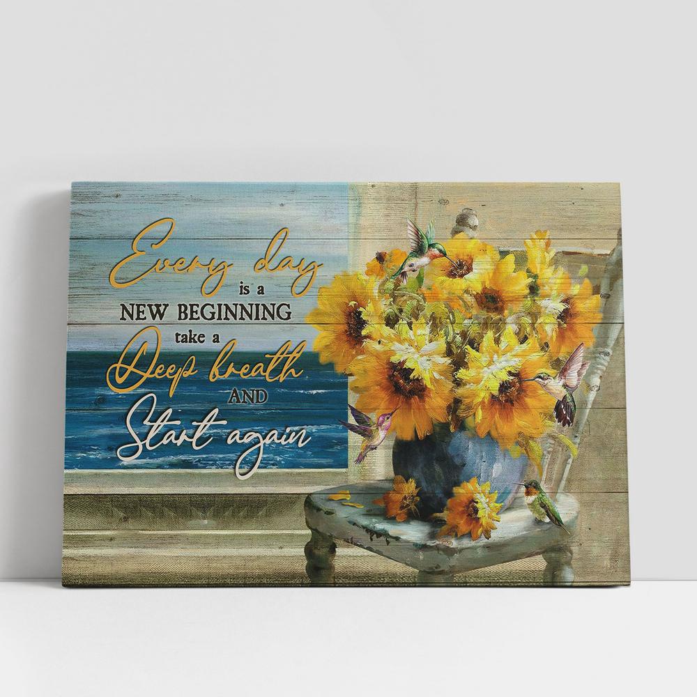 Christian Canvas Wall Art, Every Day Is A New Beginning Blue Ocean Sunflower Wall Art Canvas