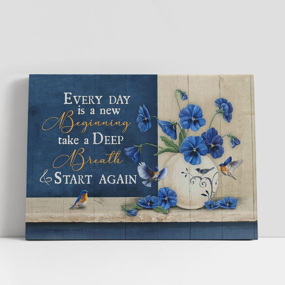 Christian Canvas Wall Art, Every Day Is A New Beginning Blue Pansy Wall Art Canvas