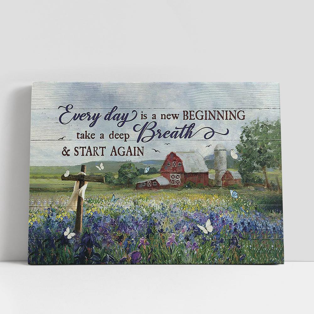 Christian Canvas Wall Art, Every Day Is A New Beginning Flower Garden Cross Canvas Prints, Religious Canvas Art