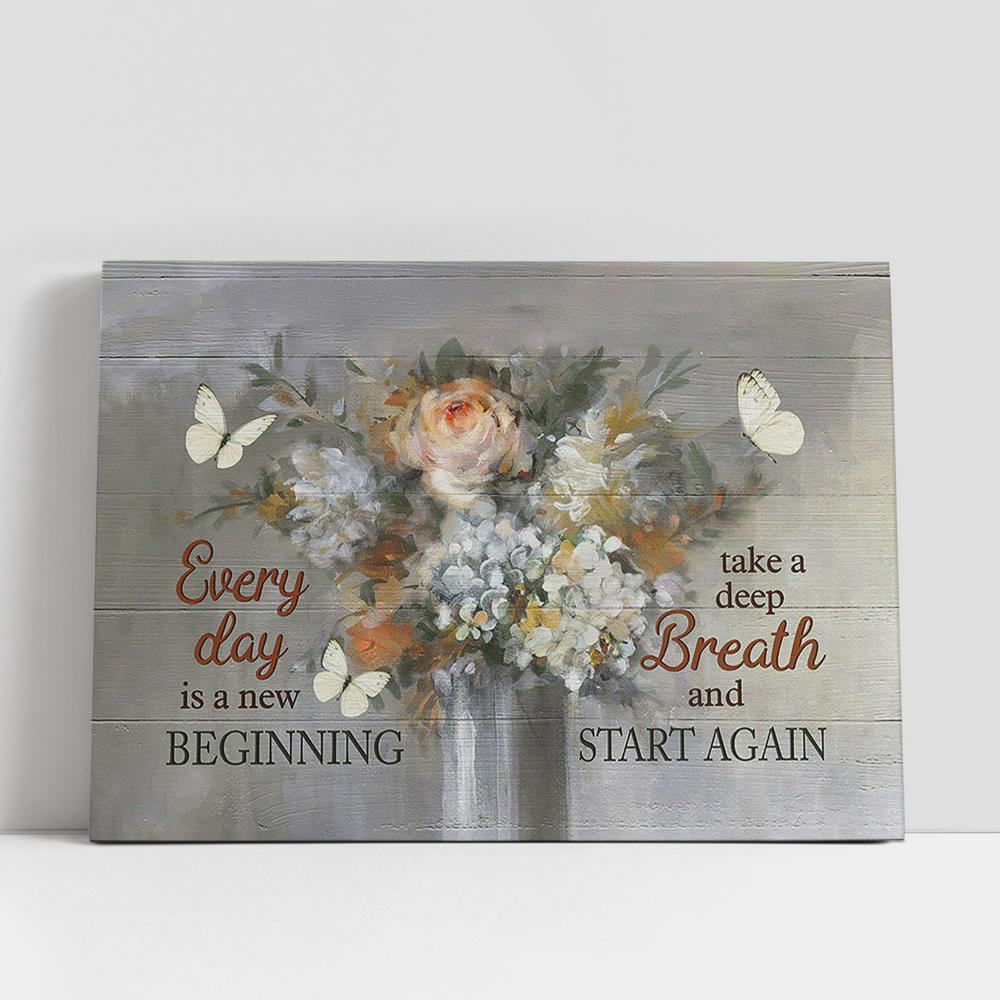 Christian Canvas Wall Art, Every Day Is A New Beginning Flower White Butterfly Large Canvas Art