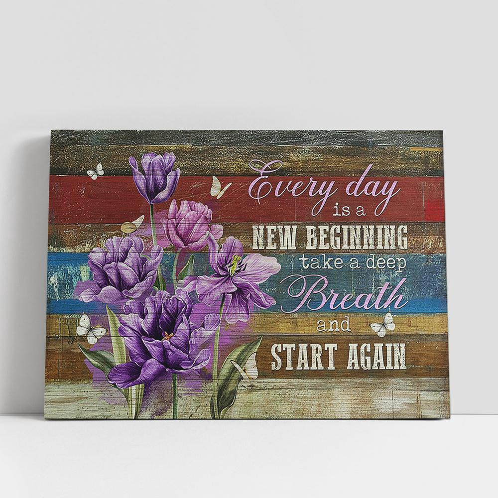 Christian Canvas Wall Art, Every Day Is A New Beginning Purple Flower Butterfly Large Canvas Art