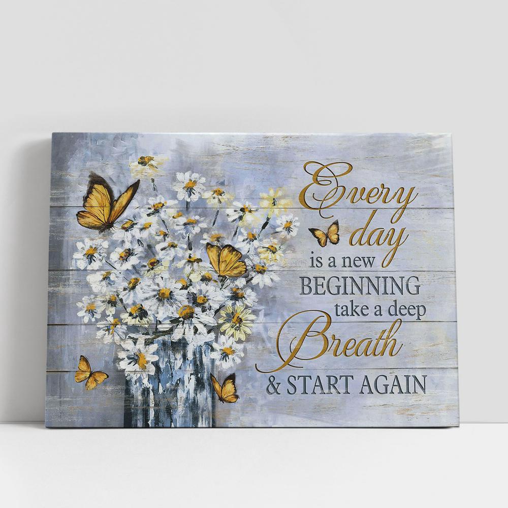 Christian Canvas Wall Art, Every Day Is A New Beginning White Daisy Yellow Butterfly Wall Art Canvas