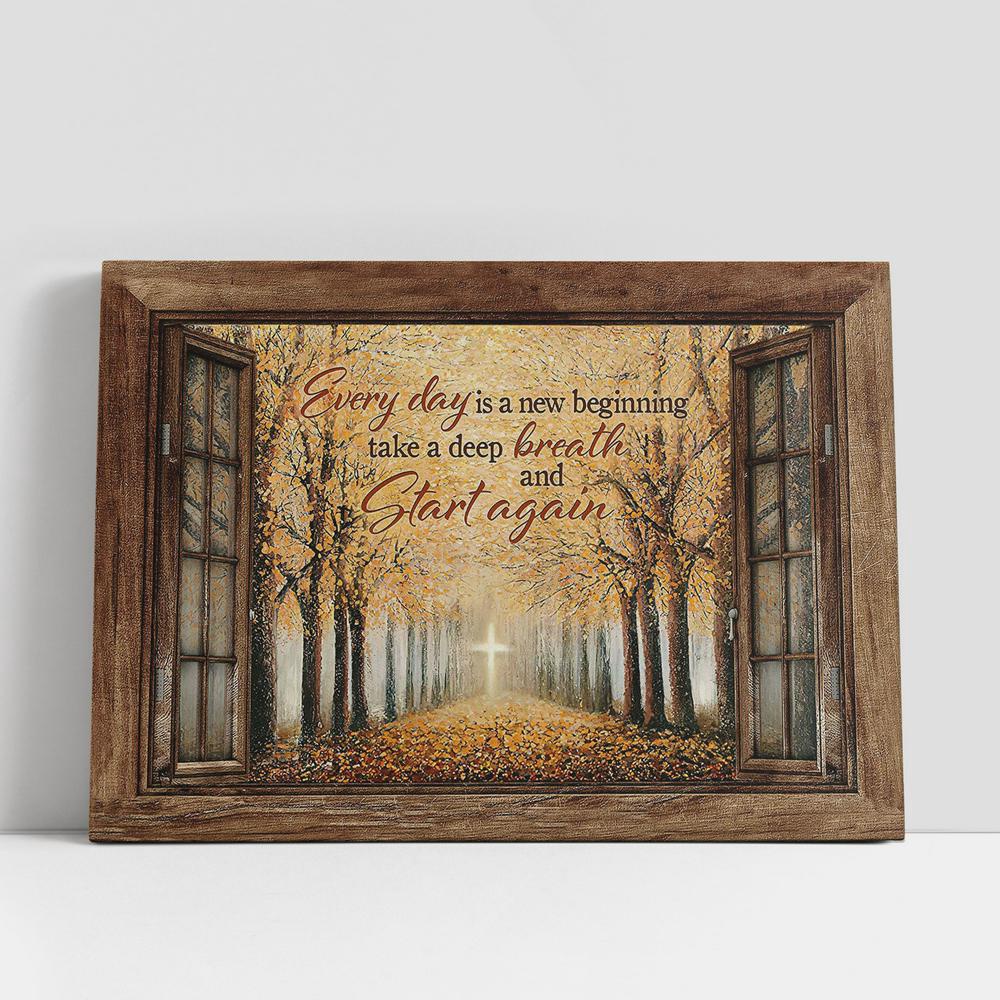 Christian Canvas Wall Art, Every Day Is A New Beginning Yellow Leaf Golden Cross Canvas Wall Art