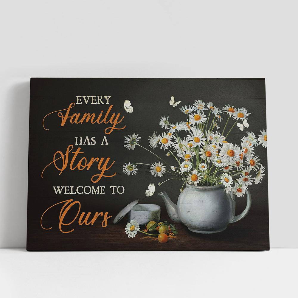 Christian Canvas Wall Art, Every Family Has A Story Welcome To Ours Daisy Tea Pot White Butterfly Canvas Wall Art
