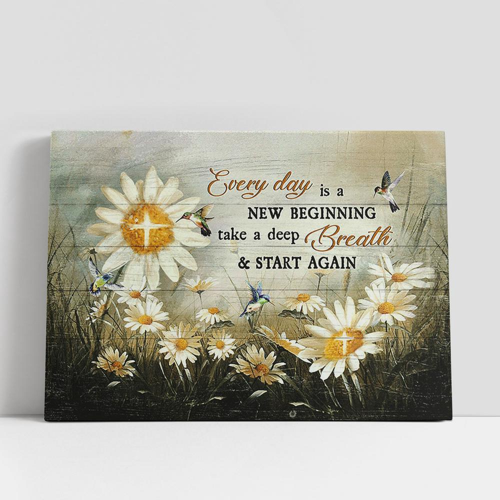 Christian Canvas Wall Art, Every day is a new beginning Brilliant daisy field hummingbird Canvas Wall Art