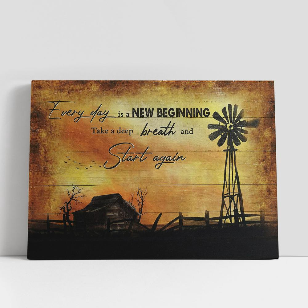 Christian Canvas Wall Art, Everyday Is A New Beginning Old Barn Windmill Sunset Large Canvas Art