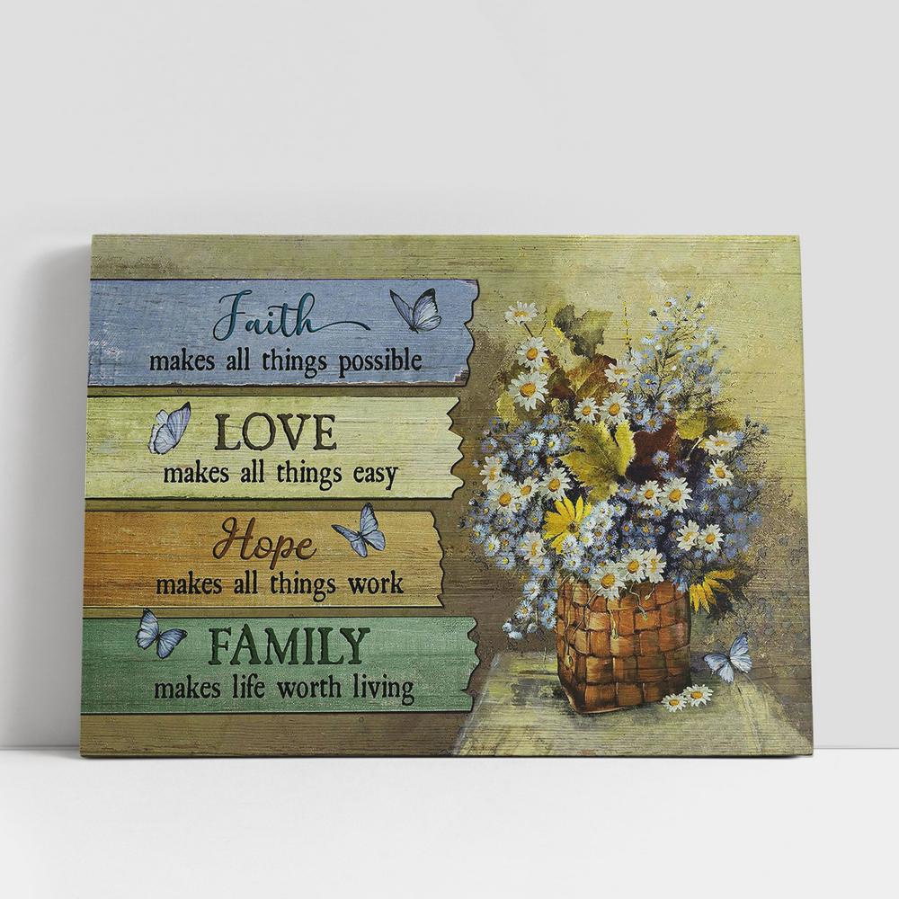 Christian Canvas Wall Art, Faith Makes All Things Possible Daisy Flower Blue Butterfly Canvas Wall Art