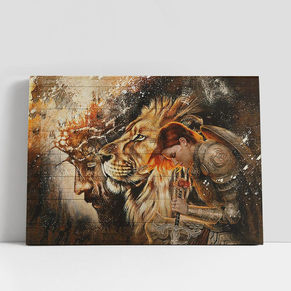 Christian Canvas Wall Art, Female Knight Praying To Jesus Lion Of Judah Canvas Wall Art