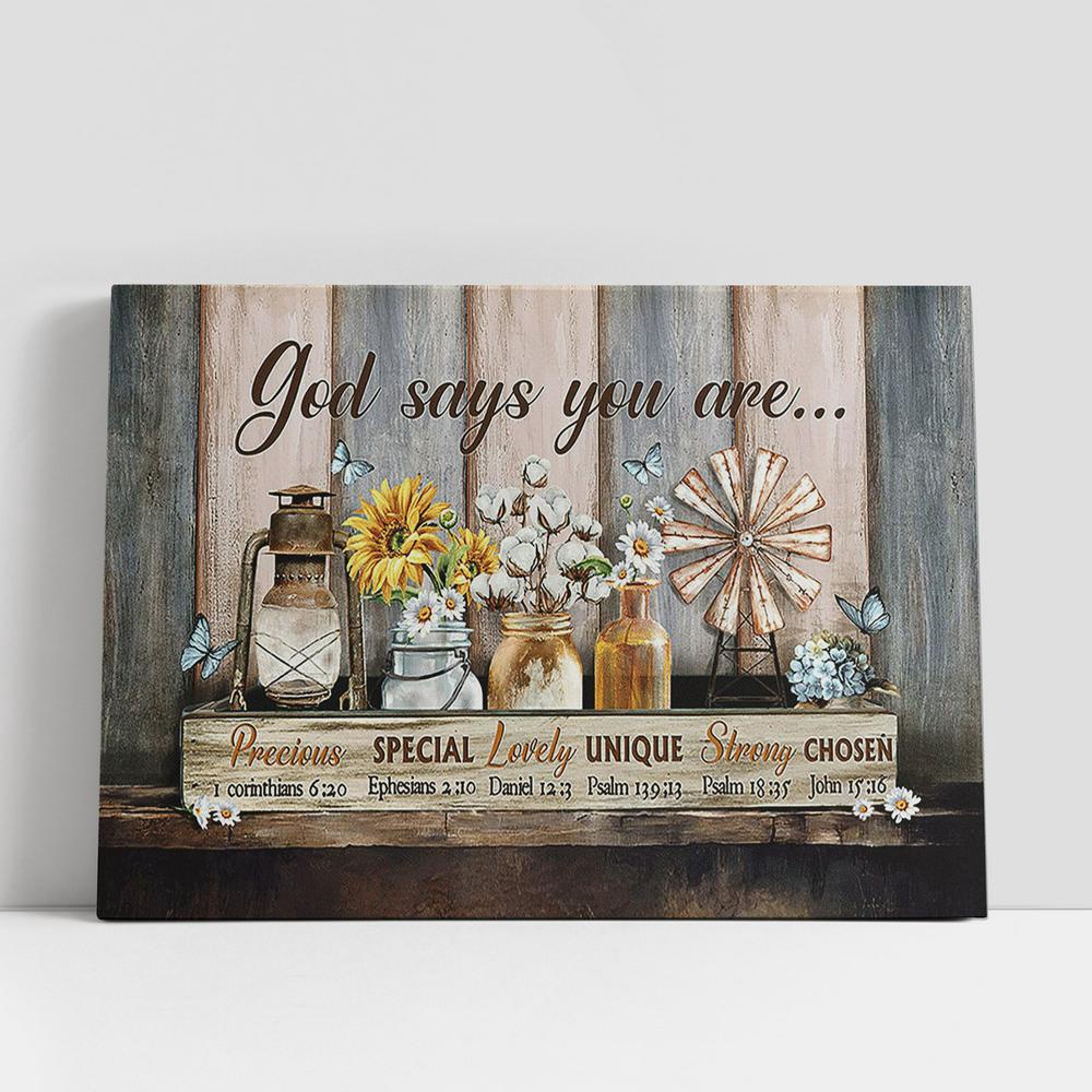 Christian Canvas Wall Art, Flower Glass Bottle God Says You Are Large Canvas Art