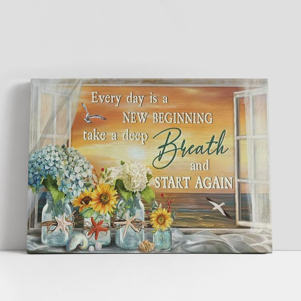 Christian Canvas Wall Art, Flower Vase, Pretty Sunset, Seagull, Every Day Is A New Beginning Canvas Poster